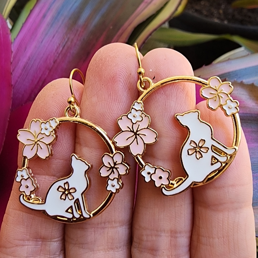 Designer Jewelry 14K Gold plated Hooks Cat Earrings Kitty Flo Cherry Blossom
